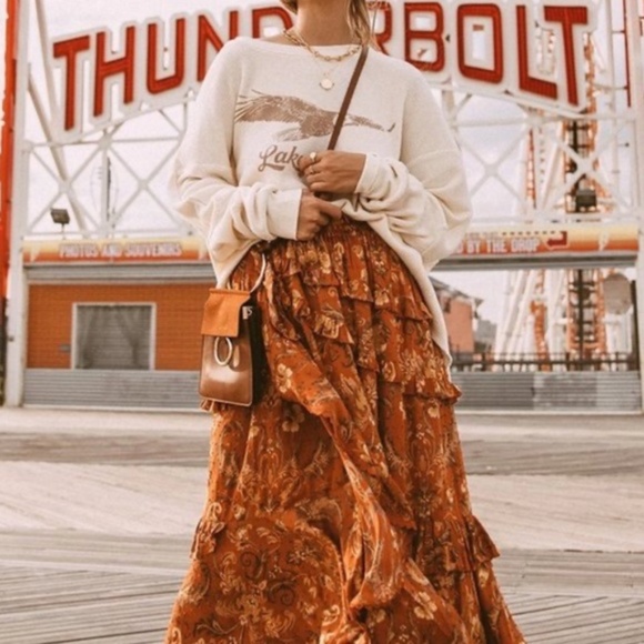 Dresses & Skirts - Rust Floral Bohemian Gypsy Ruffle Tier Maxi Skirt